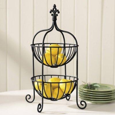 Decorative 2 Tier Fruit Basket, Bread Basket Black Metal Rack, Decorative Kitchen Countertop Two-Tier Wrought-Iron Fruit Basket Display - Le'raze by G&L Decor Inc
