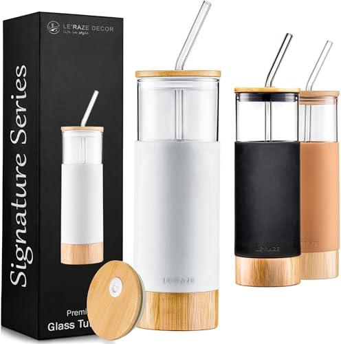 Premium 20oz Glass Tumbler Cup with Straw and Bamboo Lid & Base with Protective Silicone Sleeve - BPA Free - Growler Water Bottle Reusable Drinking Glasses Cup for Iced Tea, Coffee, Smoothie - White - Le'raze by G&L Decor Inc