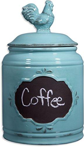 Ceramic Aqua Jar with Lid With Chalkboard With Rooster Finial Lid