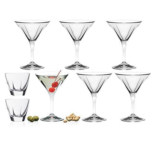 Elegant Crystal Modern Martini Glasses Set | Eight-Piece Set Includes Six Cocktail/Martini Glasses And Two Old Fashioned Glasses For A Coordinated Look. - Le'raze by G&L Decor Inc