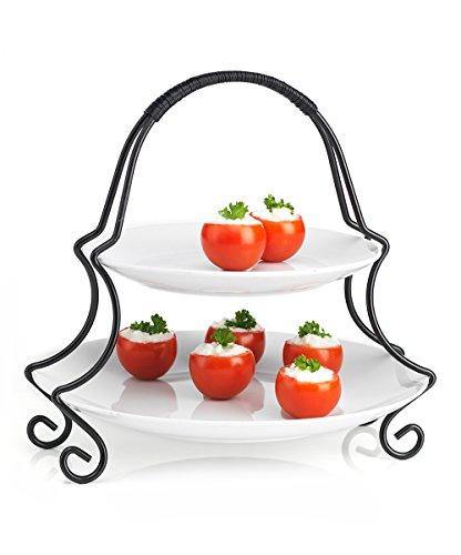 2 Tier Round Serving Platter- Tiered Cake Tray Stand- Food Server Display Plate, White Ceramic Plates With Metal Rack For Finger Food, Appetizers, Treats, Elegant Cake Display Ideal For Every Party - Le'raze by G&L Decor Inc