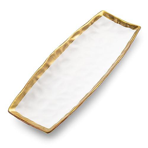 White Porcelain Oblong Tray with Gold Rim - Le'raze by G&L Decor Inc