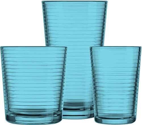 Le'raze Set of 12 Coastal Color Everyday Drinking Glasses - 4 Tall Highball  Glass Cups, 17oz. - 4 Juice Glasses, 7oz. - 4 Rock Drinking Glass, 13oz.
