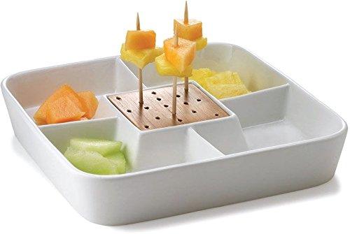 Food Server Display Plate - Multi Sectional Compartment Serving Tray - White Ceramic Square Appetizer and Snack Serving Tray with Bamboo Toothpick Holder - Le'raze by G&L Decor Inc