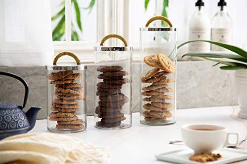 Elegant Glass Kitchen Canister with Hammered Lid and Gold Handle, Glass Storage Jar for Kitchen, Bathroom and Pantry Organization Ideal for Flour, Sugar, Coffee, Candy and Snack - 8.5"H - Le'raze by G&L Decor Inc