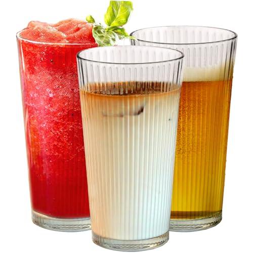 Le'raze Drinking Glasses - Set of 10-16oz. Ribbed Glass Kiddush Cups - Dishwasher Safe Cocktail Clear Heavy Base Tall Beer Glasses, Water Glasses, Bar Glass, Wine, Juice, Iced Tea - Le'raze by G&L Decor Inc
