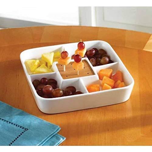 Food Server Display Plate - Multi Sectional Compartment Serving Tray - White Ceramic Square Appetizer and Snack Serving Tray with Bamboo Toothpick Holder - Le'raze by G&L Decor Inc