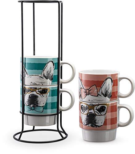 Ceramic Mug and Rack Set – Set of 4 Cups and Standing Metal Rack for Kitchen Countertop, Tabletop, Island or Café Display – Perfect for Tea and Coffee Lovers - Le'raze by G&L Decor Inc