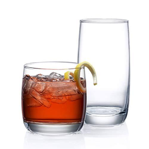 Set of 16 Drinking Glasses, Heavy Base Durable Glass Cups - 8 Highball Glasses (17 oz) and 8 Rocks Glasses (14 oz), 16-piece Glassware Set - Le'raze by G&L Decor Inc