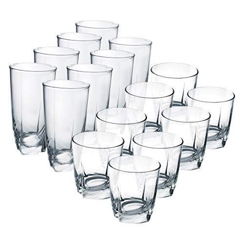 Le'raze Set of 16 Heavy Base Ribbed Durable Drinking Glasses