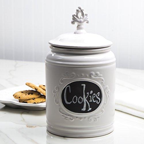 Ceramic White Jar with Lid With Chalkboard With Medallion Finial Lid, Small Canister 84 Oz, Classic Vintage Design for Flour, Sugar, Cookies - Le'raze by G&L Decor Inc