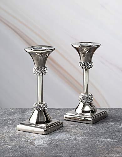 Le'raze Taper Candle Holder with Diamond Crystals for Wedding, Birthday, Dining Table Anniversary, Set of 2 Decorative Silver Candle Sticks - Le'raze by G&L Decor Inc
