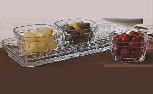 Set of 4 Crystal Appetizer Relish Dish, Three Square Appetizer and Snack Condiment Pots, And One Serving Tray, 4-Piece Serving Platter, Bowls - Le'raze by G&L Decor Inc