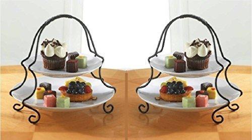 2 Tier Round Serving Platter- Tiered Cake Tray Stand- Food Server Display Plate, White Ceramic Plates With Metal Rack For Finger Food, Appetizers, Treats, Elegant Cake Display Ideal For Every Party - Le'raze by G&L Decor Inc
