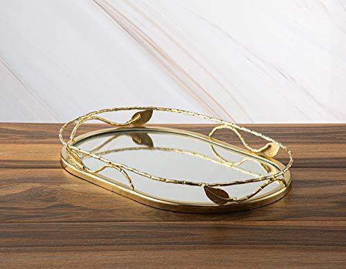 Beautiful Oval Shaped Mirror Tray with Gold Leaf Design, Elegant Oval Vanity Tray with Side Bars, Makes A Great Bling Gift - Le'raze by G&L Decor Inc