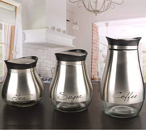 Cafe Contempo Silver and Glass Food Pres Preserving Canister Jars, Set of 3, 29oz. Tea, 34 34oz. Sugar, 51oz. Coffee - Le'raze by G&L Decor Inc