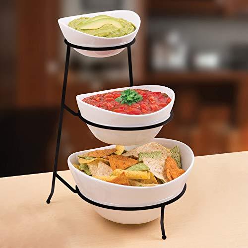 Three Tiered Serving Stand, Chip and Dip Serving Bowls With Metal Rack, White Party Food Server Display Set for Dessert And Snack - Le'raze by G&L Decor Inc