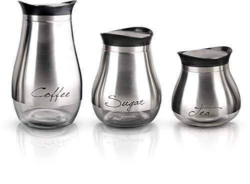Cafe Contempo Silver and Glass Food Pres Preserving Canister Jars, Set of 3, 29oz. Tea, 34 34oz. Sugar, 51oz. Coffee - Le'raze by G&L Decor Inc