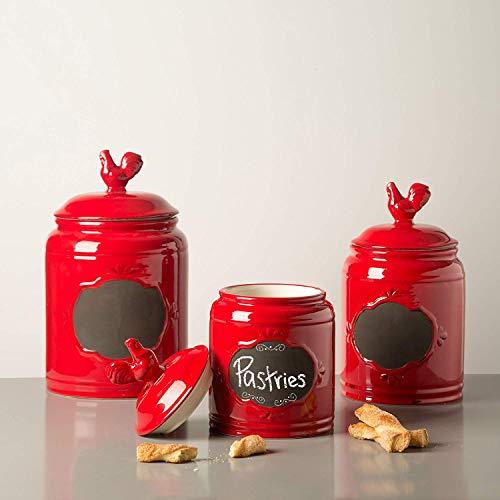 Ceramic Red Canister Set for Kitchen or Bathroom, Food Storage Jars with Rooster Tight Lid and Chalkboard Labels - Set of 3 Cookie and Candy Jars, Storage Containers. - Le'raze by G&L Decor Inc
