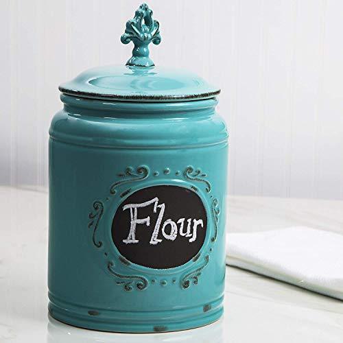 Decorative Ceramic Kitchen Canister, Kitchen Food Jar, Food Storage Container with Medallion Finial Lid - Aqua - Le'raze by G&L Decor Inc