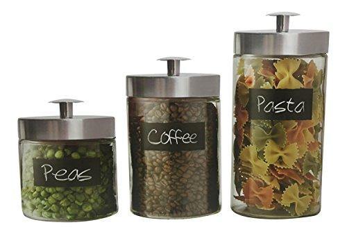 Set of 3 Round Clear Apothecary Glass Canister Jars with Chalkboard with Tight metal Lids for Kitchen or Bathroom ~ Food,cookie,cracker, Storage Containers - Le'raze by G&L Decor Inc