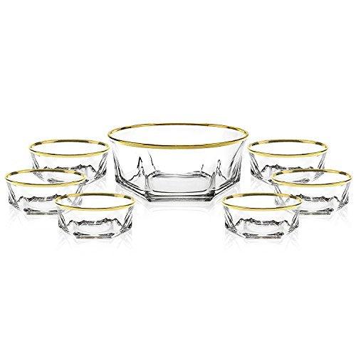 Elegant Luxury Crystal 7 Piece Serving Salad Bowl, Desert, Ice Cream Set with 24k Gold Trim. 1 Large and 6 Small. Made of Fine Imported Glass. - Le'raze by G&L Decor Inc