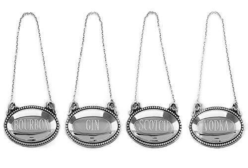 Whiskey Decanter Tags (Set of 4) Silver Liquor Decanter Labels - Bourbon, Scotch, Gin, Vodka – Oval Liquor Bottle Tags with Chain - Le'raze by G&L Decor Inc