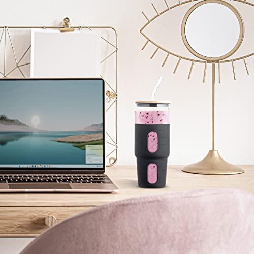 32oz Glass Tumbler with Straw & Bamboo Lid with Silicone Sleeve, Reusable Boba Smoothie Cup Iced Coffee Tumbler, Fits Cup Holder, Glass Water Bottle, BPA Free, Beer Mug & Stein Black - Le'raze by G&L Decor Inc