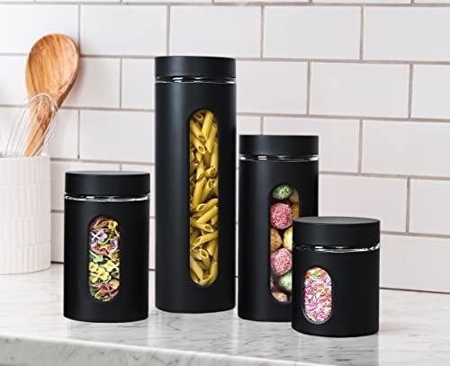 Quality Modern Black Stainless Steel Canister Set for Kitchen Counter with Glass Window & Airtight Lid - Food Storage Containers with Lids Airtight - Pantry Storage and Organization Set - Le'raze by G&L Decor Inc