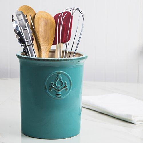Aqua Utensil Crock With Embossed Medallion 7"h - Le'raze by G&L Decor Inc