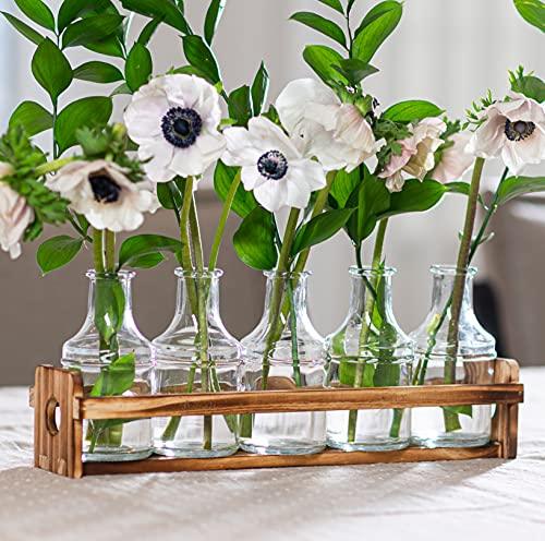 Glass Flower Vase with Wooden Holder, & 5 Bud Vases for Flowers, Set for Home Décor, Wedding Decorations, Table Décor, Kitchen, Bathroom, Bedroom, Shelf Décor - Modern Vase for Flower Arrangement. - Le'raze by G&L Decor Inc