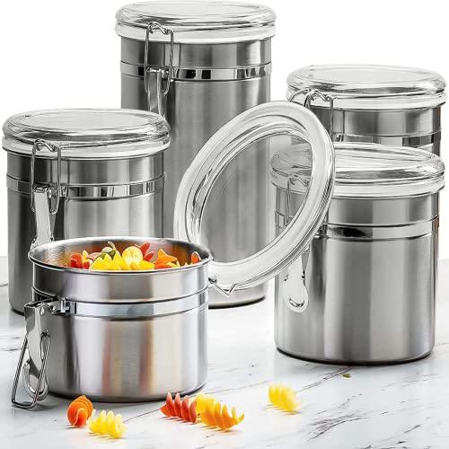 Beautiful 5-Piece Stainless Steel Airtight Canister Set, Food Storage Container & Caddy for Kitchen Counter with Clear Acrylic Lid n' Locking Clamp - Le'raze by G&L Decor Inc