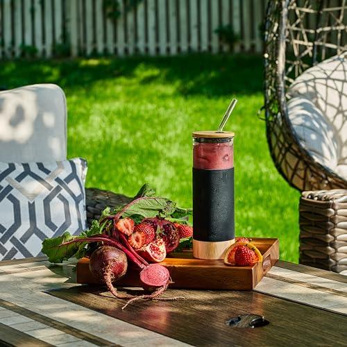 Premium 20oz Glass Tumbler Cup with Straw and Bamboo Lid & Base with Protective Silicone Sleeve - BPA Free - Growler Water Bottle Reusable Drinking Glasses Cup for Iced Tea, Coffee, Smoothie - Black - Le'raze by G&L Decor Inc