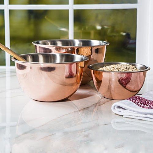 Premium Multipurpose Rose Copper-Platted Bowls, Set of 3 Mixing/Prep/Beating Bowls with Stainless Steel interior – Use for Serving Candy, Salad, Quick Easy Meal Prep - Le'raze by G&L Decor Inc