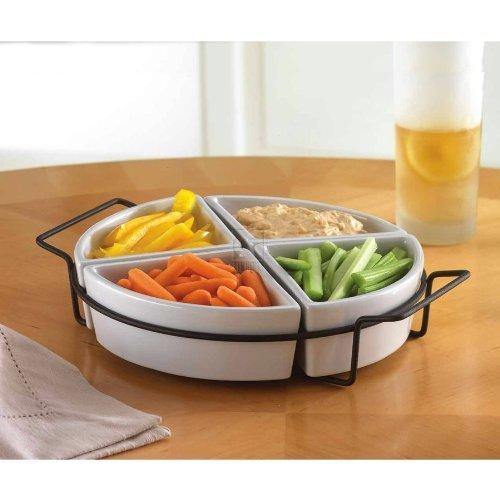 Classic French Inspired 5 piece Sectional Ceramic Fruit Server lazy Susan/Snack,Serving Platter, White, Round, With Rack - Le'raze by G&L Decor Inc