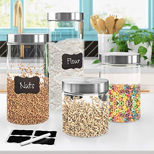 4pc Canister Sets for Kitchen Counter or Bathroom + Labels & Marker, Glass Cookie Jars with Airtight Lids - Le'raze by G&L Decor Inc