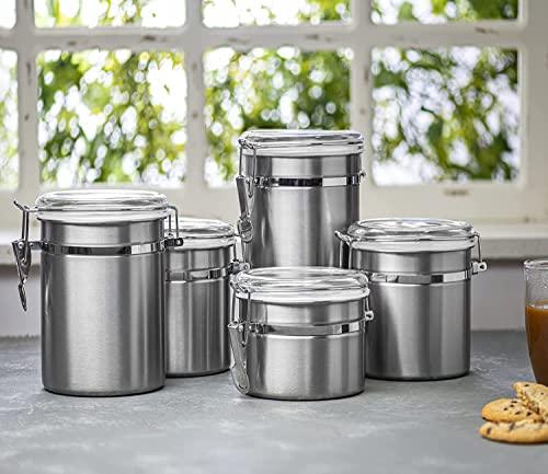 Beautiful 5-Piece Stainless Steel Airtight Canister Set, Food Storage Container & Caddy for Kitchen Counter with Clear Acrylic Lid n' Locking Clamp - Le'raze by G&L Decor Inc
