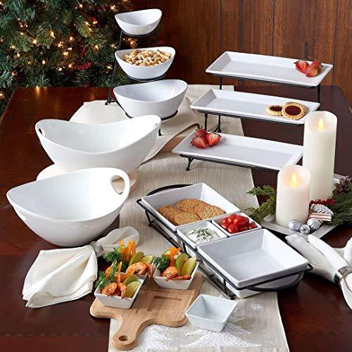 Three Tiered Serving Stand, Chip and Dip Serving Bowls With Metal Rack, White Party Food Server Display Set for Dessert And Snack - Le'raze by G&L Decor Inc