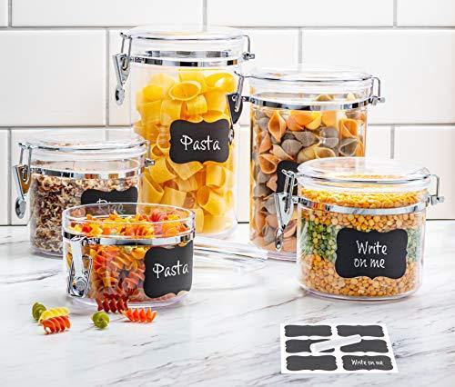 Beautiful 5-Piece Airtight Acrylic Canister Set For Kitchen Counter, Food Storage Container For Pantry with Locking Clamp Lids, Labels + Chalk. - Le'raze by G&L Decor Inc