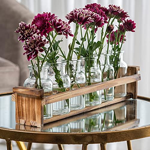 Beautiful Glass Flower Vase with Wooden Plant Stand & 6 Bud Vases, Decorative Glass Bottles for Home Décor, Dining Table Centerpiece, Wedding, Bridal Shower, Events - Vintage Medicine Bottles. - Le'raze by G&L Decor Inc