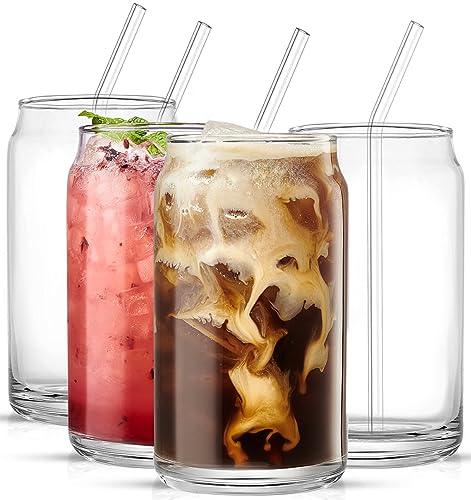 Drinking Glasses Set of 4 - Can Shaped Glass Sake Cups with Straws, 16