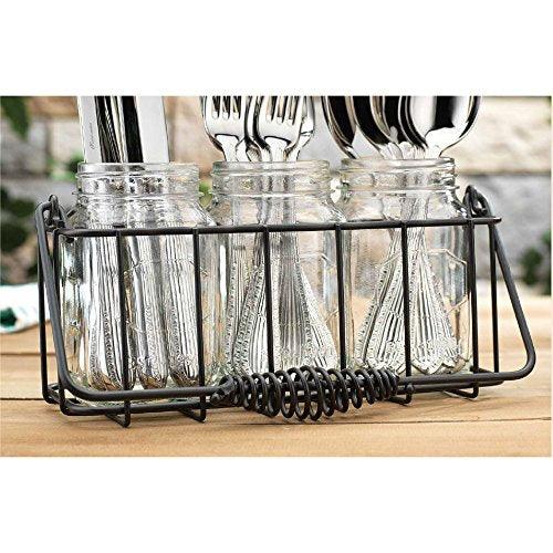 Home & Kitchen Glass 3 Compartment Utensil Flatware Cutlery Caddy Holder with Wooden Handle. For Utensil, Spatula, Silverware Holder for Kitchen Counter top,Flower Vase Centerpiece - Le'raze by G&L Decor Inc