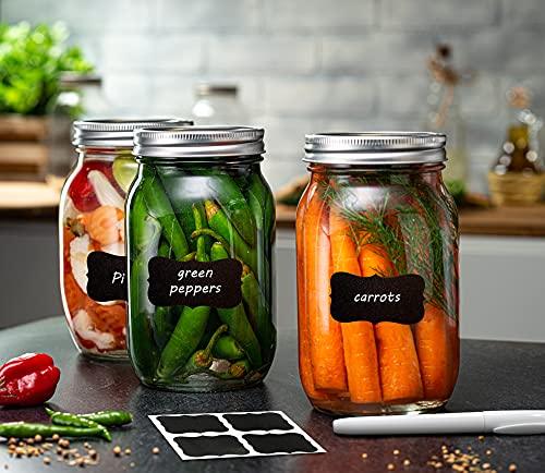 Set of 6 - 32oz Glass Mason Jars with lids - Airtight Band + Marker & Labels - Canning Jars with Lid - Regular Mouth - Ideal for Jelly Jar, Jam, Honey, Wedding Favors, Spice Jars, Meal Prep, Smoothie Cups, Preserving, Canning Rack. - Le'raze by G&L Decor Inc