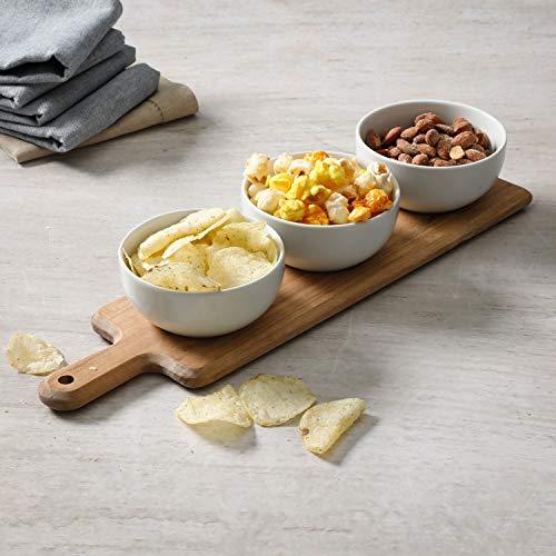 Elegant Relish Tray, Condiment Server with 3 White Ceramic Dipping Bowls and Wood Tray for Appetizers, Candy, Nuts, Chips and Dip – 4 Piece Serving Set - Le'raze by G&L Decor Inc