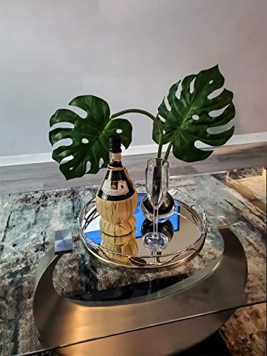 Round Mirror Tray With Nickel Leaf Design - Elegant Serving Tray - Round Mirror Vanity Tray - Le'raze by G&L Decor Inc