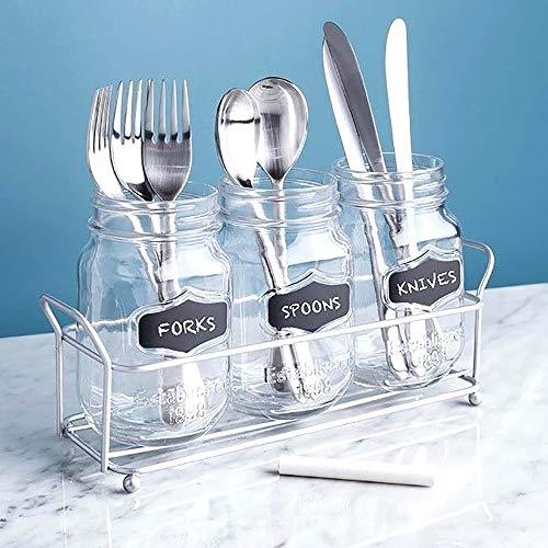 Mason Jar Flatware Caddy, Utensil Holder with Black Chalk Label on Metal Tray, Cutlery Organizer, Home and Party Drinkware Set - Le'raze by G&L Decor Inc