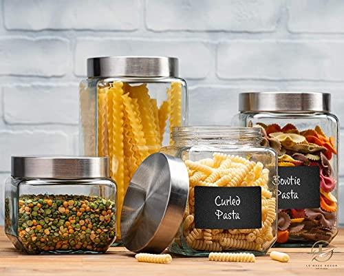 4pc Square Canister Sets for Kitchen Counter or Bathroom + Labels & Marker, Glass Cookie Jars with Airtight Lids - Food Storage Containers with Lids for Pantry - Flour, Sugar, Coffee, Cookies, etc. - Le'raze by G&L Decor Inc