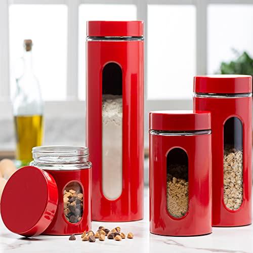 Quality Modern Red Stainless Steel Canister Set for Kitchen Counter with Glass Window & Airtight Lid - Food Storage Containers with Lids Airtight - Pantry Storage and Organization Set - Le'raze by G&L Decor Inc