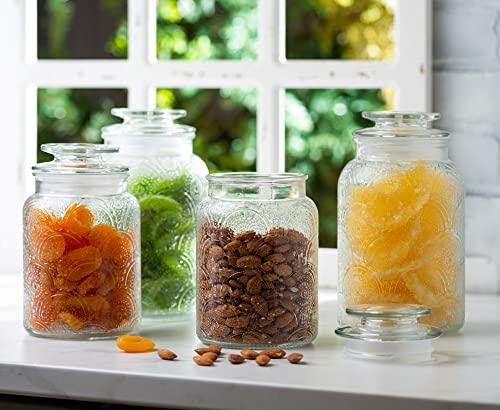 4pc Glass Canisters Set for Kitchen Counter with Airtight Lids – Vintage Retro Design - Pantry Organization Food Storage Containers for Cookies, Nut Bowl, Tea, Sugar, Candy Jars, Sugar Packet Holders. - Le'raze by G&L Decor Inc
