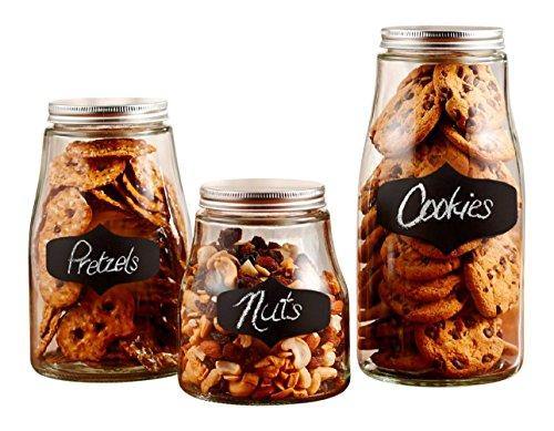 Quality Clear Glass Canister Set Of 3 Round Chalkboard Jars with Air Tight Screw Off Lids for Bathroom or Kitchen - Food Storage Containers, Cookie Jars, Nuts, Candy, - Le'raze by G&L Decor Inc